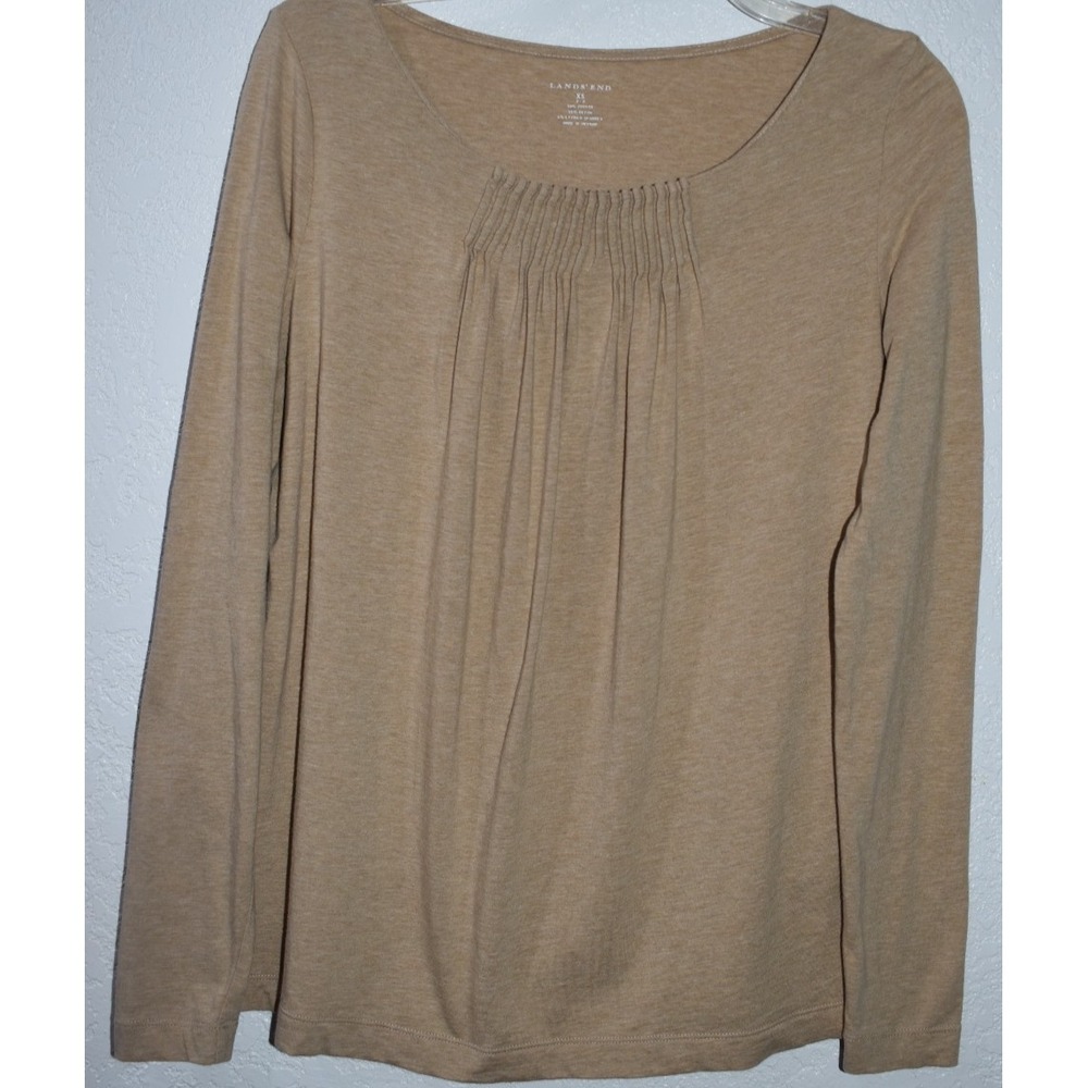 LANDSEND XS Woman Pintuck Long Sleeve Comfort Cotton Stretch Top Pullover Tan
